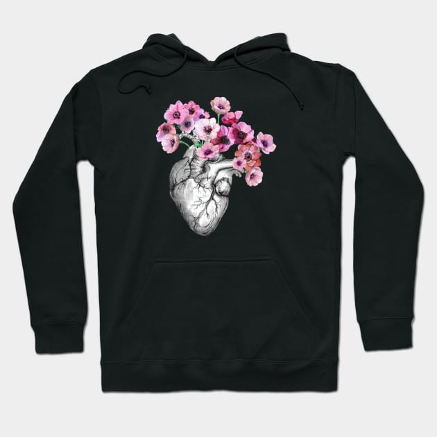 Pink Anemones Heart Human Anatomy Hoodie by Collagedream